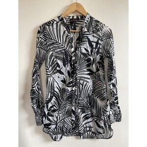 Dana Buchman Womens Blouse Pretty  black White Leaves Button  Semi Sheer XS